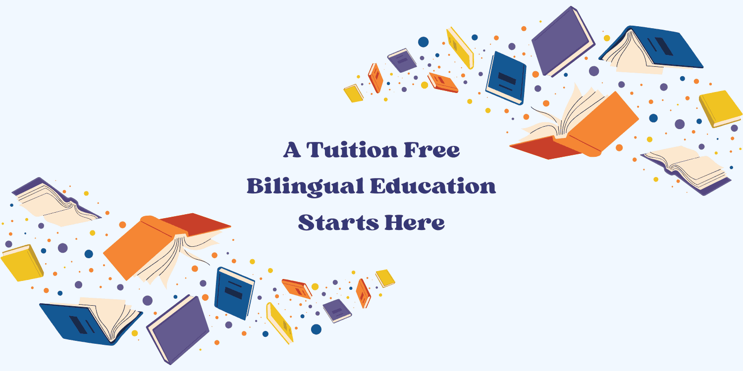 Illustration of books and dots with text about bilingual education.